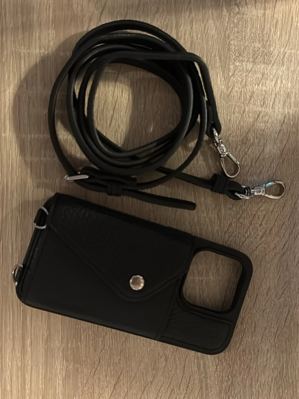 Black iPhone 15 pro Crossbody wallet Case with Detachable Strap